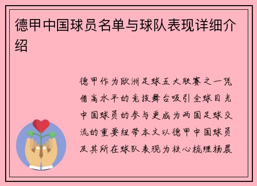 德甲中国球员名单与球队表现详细介绍